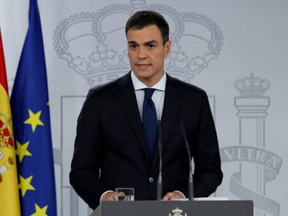 El presidente de Espa&ntilde;a, Pedro S&aacute;nchez, durante la rueda de prensa en la que anunci&oacute; los nuevos miembros de su Gobierno. 