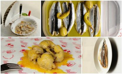 Varios platos de Hermanos Vinagre. Así presentan los berberechos al natural, con unas dosis de aliño picante optativo, boquerones en vinagre con gildas y aceitunas, muslitos de codorniz en escabeche y anchoa sobre tosta de mantequilla.