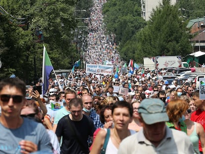 Protesto em apoio ao governador do ‘krai’ (região) de Khabarovsk, Serguei Furgal, neste sábado na cidade de Khabarovsk.