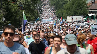 Protesto em apoio ao governador do ‘krai’ (região) de Khabarovsk, Serguei Furgal, neste sábado na cidade de Khabarovsk.