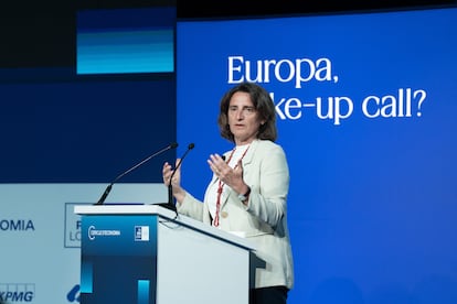 La vicepresidenta ejecutiva de la Comisión Europa para la Transición Limpia, Justa y Competitiva, Teresa Ribera, este lunes en Barcelona.