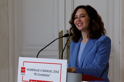 La presidenta de Madrid, Isabel Díaz Ayuso, en el homenaje del Ejecutivo autonómico a Manuel Díaz El Cordobés, este lunes en la Real Casa de Correos.