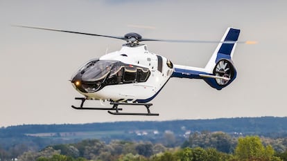Image of an H135 helicopter, a model formerly known as the Eurocopter EC135. 