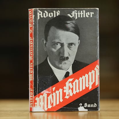 BERLIN, GERMANY - DECEMBER 15:  A 1941 edition of Adolf Hitler's "Mein Kampf" ("My Struggle") stands at the library of the Deutsches Historisches Museum (German Historical Museum) on December 15, 2015 in Berlin, Germany. The state of Bavaria took possession of the copyright to the book after World War II, though the copyright is due to expire and the book will enter the public domain on January 1, 2016. Germany will continue to heavily restrict publication of the book in Germany though it will have little control over publications abroad. Hitler wrote the book that is both an autobiography and also presents his political vision while he was a prisoner in Germany in he 1920s.  (Photo by Sean Gallup (Getty Images)