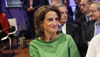 La ministra en funciones para la Transición ecológica, Teresa Ribera. Al fondo, el presidente de la CNMC, José María Marín. 