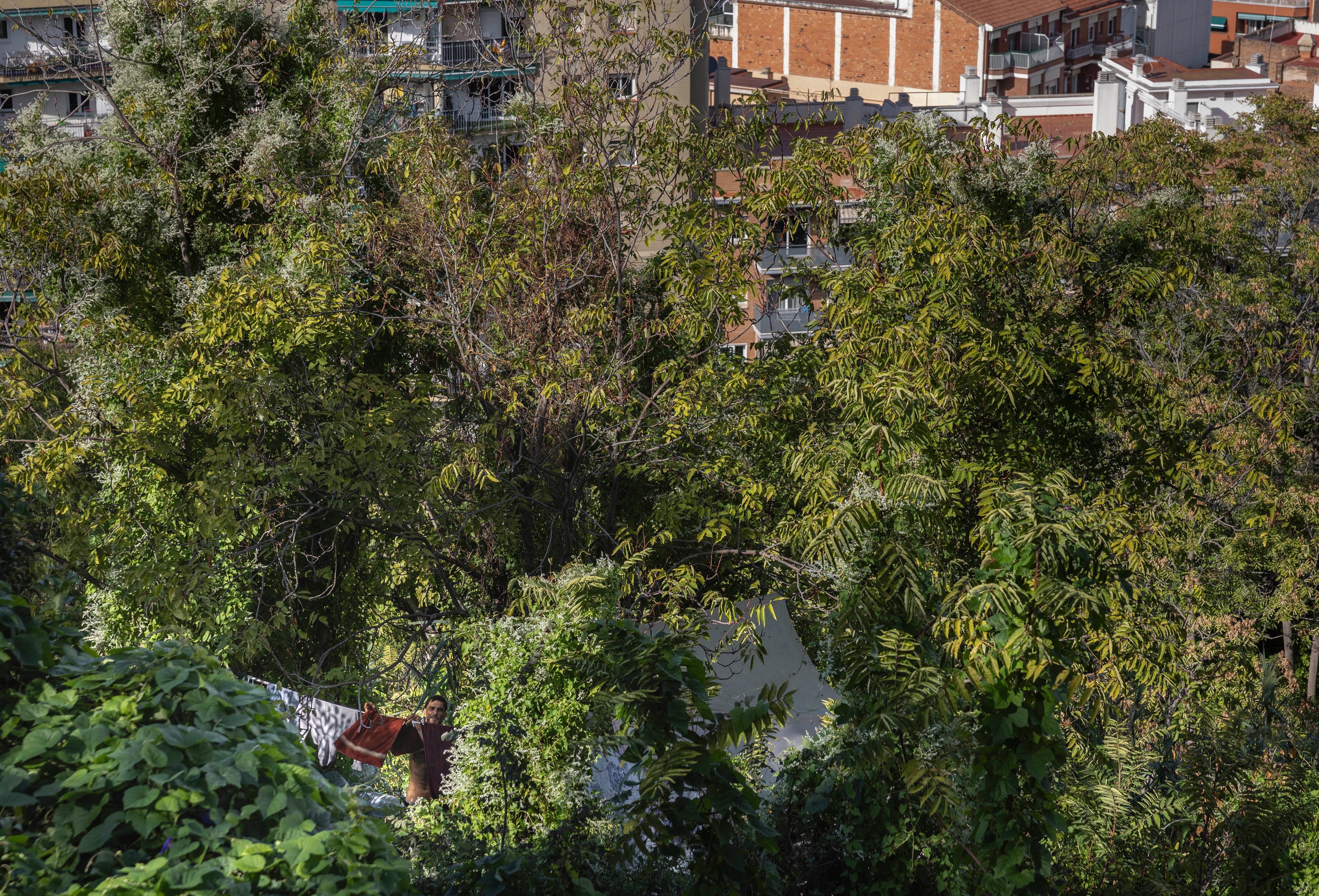 Ropa tendida en un asentamiento de la montaña de Montjuïc de Barcelona, este martes.