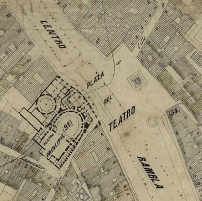Plànol topogràfic-geomètric de Barcelona, on s'hi oberva el Teatre Principal, de Miquel Garriga i Roca (1862)