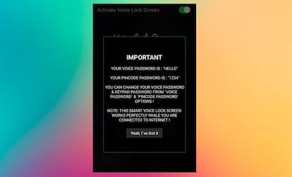 La app por defecto nos asigna una contraseña de voz, que es "Hello" y un pin estándar, que es "1234", con el que podemos desbloquear el móvil una vez que no ha conseguido reconocer nuestra voz. Podemos cambiarlas de inmediato.