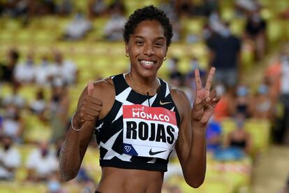Yulimar Rojas celebra su victoria en Mónaco el pasado 14 de agosto.