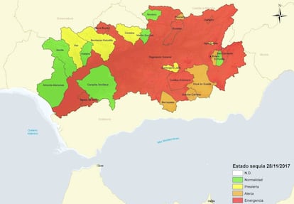 Mapa de la situación actual de emergencia en la cuenca del Guadalquivir. El mapa refleja la situación un día antes del debate en el Congreso de la ley de sequía.