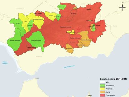 Mapa de la situación actual de emergencia en la cuenca del Guadalquivir. El mapa refleja la situación un día antes del debate en el Congreso de la ley de sequía.