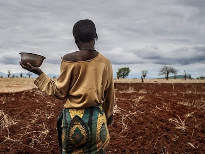 Una mujer, frente a un campo de cultivo, en Tanzania. 