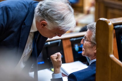 El portavoz del PP en política exterior, Esteban González Pons, pasa delante del escaño en el Congreso de Alberto Núñez Feijóo.