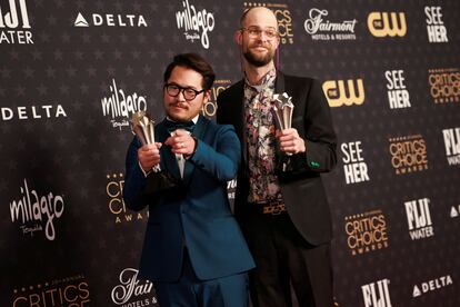 Dan Kwan and Daniel Scheinert with the award for best original screenplay at the Critics Choice Awards for 'Everything Everywhere All at Once.' 