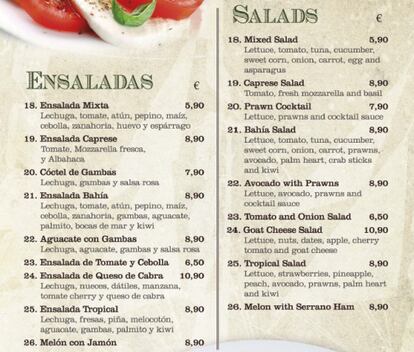 The salad menu at the Bahía restaurant.