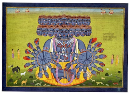 Vishvarupa, la forma cósmica del dios Visnú. Escuela del Rajastán, Jaipur ca. 1840. (Ilustración de la 'Bhagavad Gita' en edición de Errata Naturae).