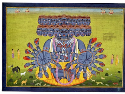 Vishvarupa, la forma cósmica del dios Visnú. Escuela del Rajastán, Jaipur ca. 1840. (Ilustración de la 'Bhagavad Gita' en edición de Errata Naturae).