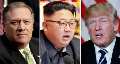 De izquierda a derecha, Mike Pompeo, Kim Jong-un y Donald Trump.