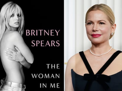 La portada del libro autobiográfico de Britney Spears, 'The Woman In Me' (Gallery Books, 2023) y Michelle Williams en una composición fotográfica.