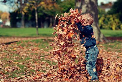 Un niño juega con las hojas en otoño.