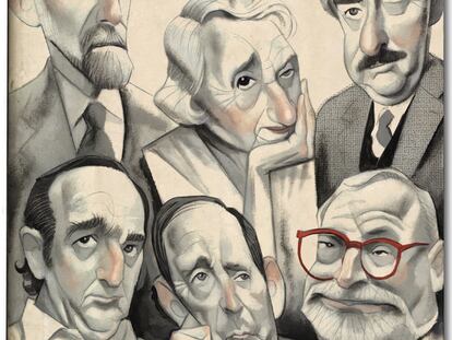 Juan Ramón Jiménez, María Zambrano, Juan Benet, Rafael Sánchez Ferlosio, Miguel Delibes y Fernando Savater en una ilustración de Fernando Vicente.