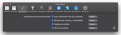 Opciones de Autorrelleno en Safari.