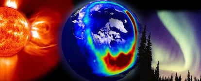 Una tormenta solar, una aurora visible desde el espacio y otra desde la superficie terrestre.