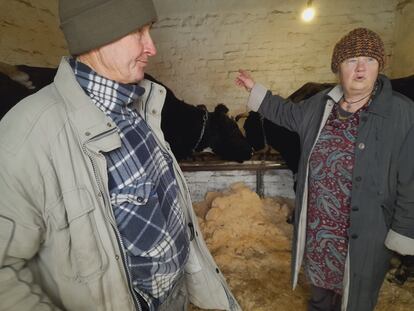 Gregori and Liudmila Vovk, inside their barn, in Zahaltsi, Ukraine, on Monday. 