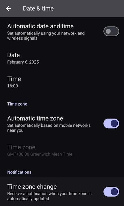 Nueva opción de cambio horario Android 16
