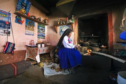Una mujer cocina con la vestimenta tradicional en la isla de Amantan&iacute; (Per&uacute;). 