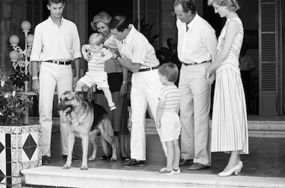 Juan Carlos, Sofía, Laia y Archie. En 1973 la familia real pasó sus primeras vacaciones en Mallorca. Llegaron con su perrita Laia, que solía estar a menudo en brazos o sobre el regazo de la reina Sofía. Con ellos también tenían a Archie, un pastor alemán que protagonizó una de las fotos más icónicas de aquellos veranos, cuando en 1987 los fotógrafos inmortalizaron al príncipe Harry subiéndose a su lomo, durante la visita de los Príncipes Carlos y Diana a Marivent. Hoy el príncipe Harry junto a Meghan Markle tiene un hijo también llamado Archie.