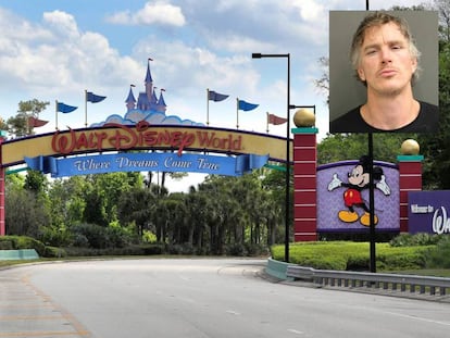 Entrada a Disney World en Florida. En el recuadro, el detenido, Richard McGuire.
