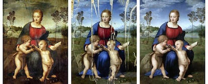 Tres imágenes del proceso de restauración de la obra de Rafael.