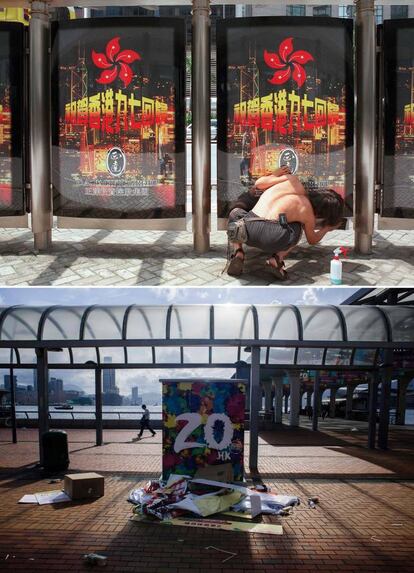 Arriba: Jacob Suen, de 17 años, pule el borde de un marco que rodea carteles que representan la entrega de Hong Kong, el 28 de junio de 1997; abajo: un póster anuncia las celebraciones del 20 aniversario de la entrega de Hong Kong a China por parte del Gobierno británico, el 26 de junio de 2017.
