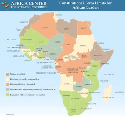 Claves: Marrón: Sin límite de dos mandatos. Vainilla: Límite d dos mandatos no alcanzado. Naranja: Límite modificado o eliminado. Azul: Límite mantenido tras intentos de modificarlo o eliminarlo. Verde: El gobernante cesó tras alcanzar el límite de mandatos.