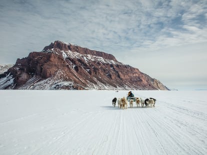 Un trineo de perros cruzando la banquisa helada para ir de un glaciar a otro. 
