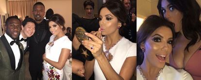 Eva Longoria publicó estás imágenes durante la gala: en la primera, aparece junto a otros actores en el 'backstage'; en la segunda, retocándose entre bastidores; y la tercera, junto a Katy Perry.