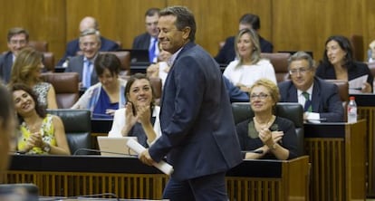 El portavoz de IU, Jos&eacute; Antonio Castro, gui&ntilde;a el ojo a la bancada del Gobierno tras su intervenci&oacute;n.