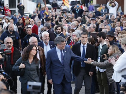Carles Puigdemont, a su llegada al acto de Junts, este jueves en Elna (sur de Francia).