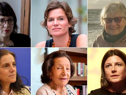 From right to left. Top row: Mercedes D'Alessandro, Mariana Mazzucato, Stephany Griffith-Jones; Bottom row: Azucena Arbeleche, Ifigenia Martínez and Ana María Ibáñez.