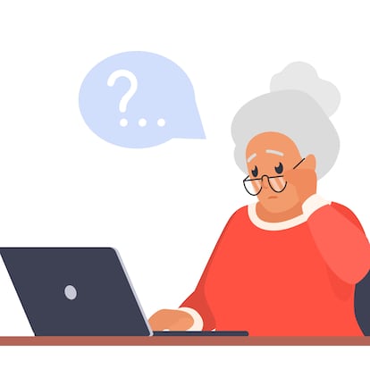 Sad old woman sitting with laptop vector illustration. Cartoon isolated elderly character with glasses and question mark over head inside bubble, confused grandmother in doubt how to use computer