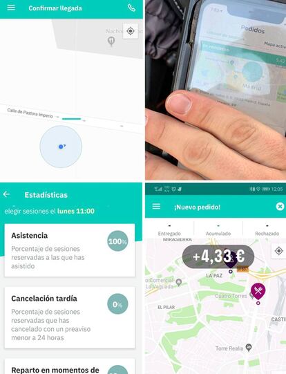 Estos son varios ejemplos de las aplicaciones que utilizan los repartidores de Deliveroo y de Glovo y registran hasta el último detalle su trabajo. <b>Pinche en la imagen para saber más sobre el entorno de trabajo de los empleados hipercontrolados</b>.