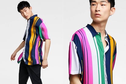 El modelo surcoreano Sang Woo Kim luce la camisa colorista de Zara.