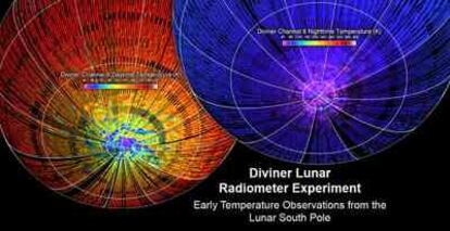 Los mapas de las temperaturas diurnas (a la izquierda, en rojo) y nocturas registradas por la sonda 'LRO' en el polo Sur lunar