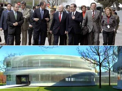 Arriba, Bernabé, Camps, Moratinos, Alonso, Pla y Pajín, ayer, antes del acto de presentación de la base de la ONU en Quart de Poblet. Abajo, figuración de uno de los edificios del futuro centro de Naciones Unidas.