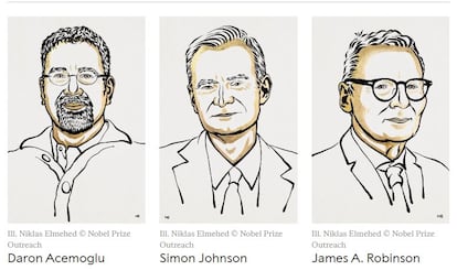 Premios Nobel de Economía 2024: Acemoglu, Johnson y Robinson.