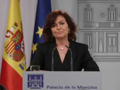 Carmen Calvo, vicepresidenta del Gobierno, tras la reunión mantenida en La Moncloa entre Pedro Sánchez y Quim Torra.