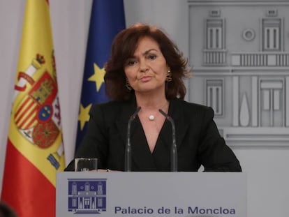 Carmen Calvo, vicepresidenta del Gobierno, tras la reunión mantenida en La Moncloa entre Pedro Sánchez y Quim Torra.