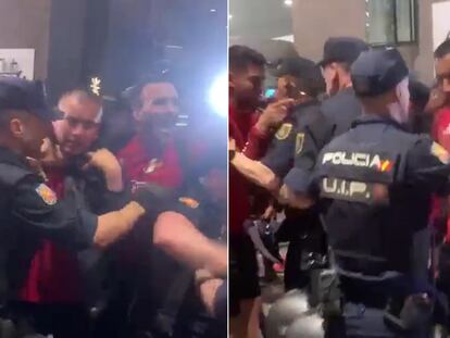 Futbolistas y personal de la selección de fútbol de Perú durante un altercado con policías españoles en Madrid.