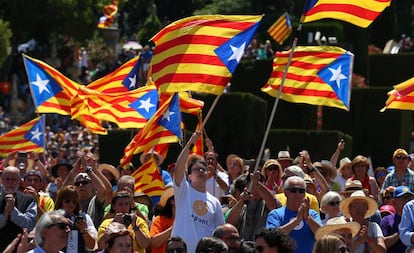 Una manifestació del 2017 amb diverses estelades.